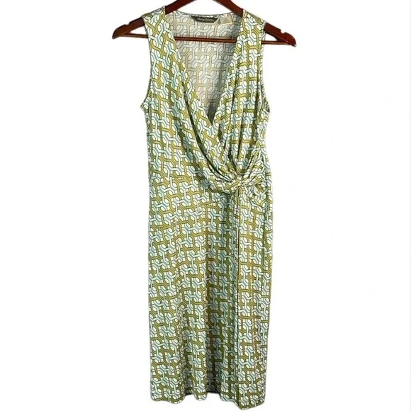 TOMMY BAHAMA Silk Surplice Chain Pattern Dress Ruched Sleeveless Summer 4-6 - Picture 2 of 11